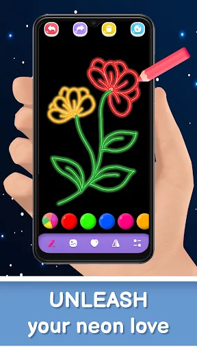 Neon flower drawing tutorial in Magic Doodle Art with colorful stems and petals using glow brushes
