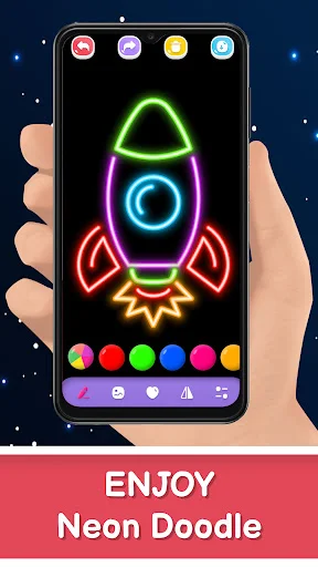 Magic Doodle Art rocket ship creation with neon glow effects and colorful drawing palette interface