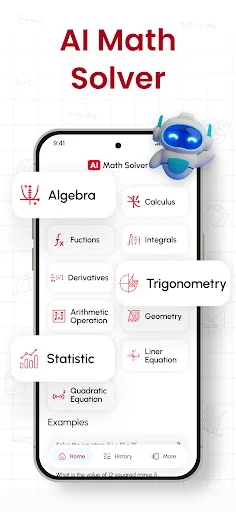 AI Math Solver app home screen displaying math topics including Algebra, Calculus, Functions, Derivatives, Trigonometry with AI robot assistant