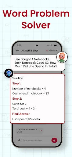 Word problem solver interface scanning and solving math word problems with detailed step-by-step solution breakdown