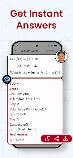 Math problem instant answer screen showing detailed solution steps with options to share and download answers