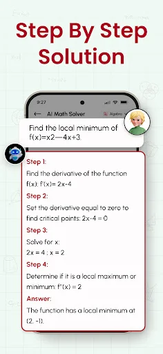 Step-by-step calculus solution showing detailed steps for finding local minimum with derivative method