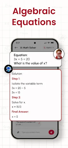 Algebraic equation solver showing step-by-step solution process for solving linear and algebraic equations