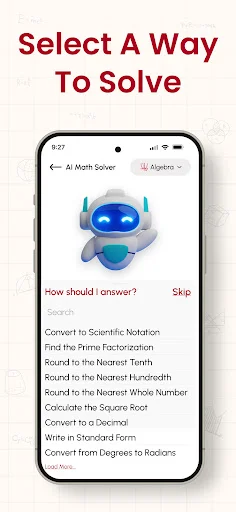Solution method selection screen offering multiple approaches to solve math problems with AI robot assistant