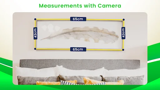 AR ruler app measuring textile with yellow measurement overlay showing 85cm width and 66cm height using camera-based AR measurement technology