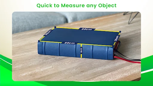 AR ruler app measuring blue book on wooden surface with 84cm dimension display using yellow measurement lines and corner tracking points