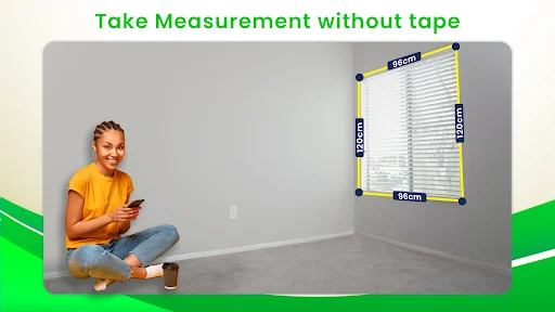 Girl using AR ruler app to measure wall-mounted whiteboard showing 148cm and 125cm dimensions without requiring physical measuring tape