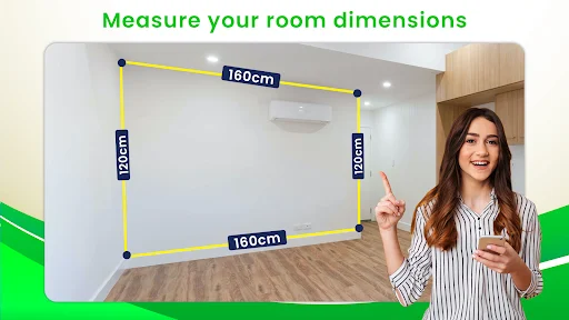 Woman demonstrating AR ruler app measuring room dimensions with yellow overlay showing 160cm wall measurements and interior space calculator