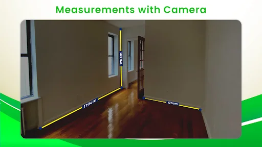 AR ruler app measuring empty room interior with yellow measurement lines displaying 120cm and 80cm floor and wall dimensions using camera