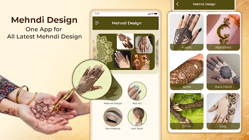 Mehndi Design 2025 app home screen with design categories: Mehndi, Henna, Eye Makeup, and Nail Style navigation options