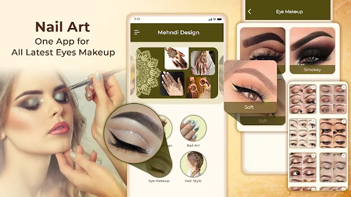 Eye Makeup designs in Mehndi Design 2025 app featuring eyeshadow tutorials, eyeliner styles, and makeup art designs