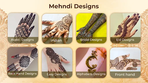 Mehndi design categories including Arabic, Indian, Bridal, Eid, Black Hand, Easy, Alphabet, and Front Hand henna designs