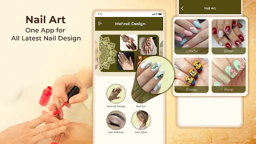Nail Art design app interface with colorful nail art categories, gel nails, glitter effects, and decorative nail design options