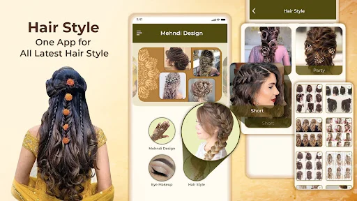 Hair Style beauty app with hairstyle gallery, braided styles, bun options, and trendy women's haircut and styling tutorials