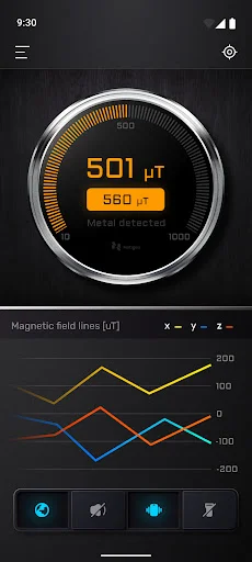 Metal detector gauging 501 μT magnetic field reading with real-time field strength monitoring graph