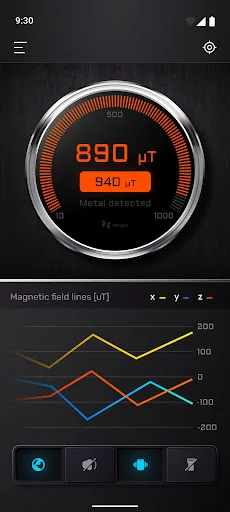 Metal detector displaying 890 μT magnetic field reading on gauge with multi-channel intensity graph