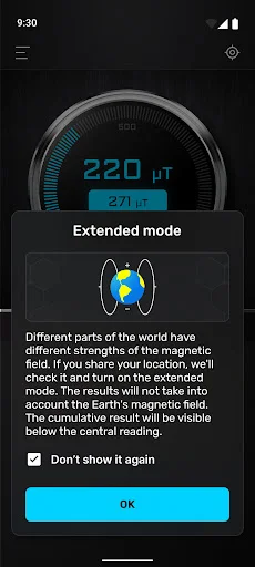Extended mode popup explaining global magnetic field variations and sensor calibration principles