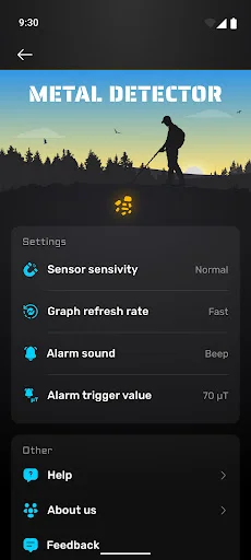 Settings menu for Metal Detector app with sensor sensitivity, refresh rate, and alarm controls