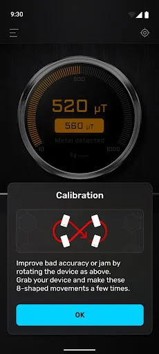 Calibration guide with device movement instructions for metal detector sensor accuracy improvement