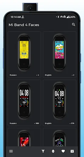 Mi Band 4 WatchFaces gallery showing grid of customizable watch face designs with preview thumbnails and download counts