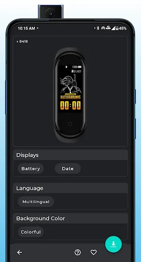 Watch face customization screen with preview display, Displays section with Battery and Date toggles, Language and Background Color settings