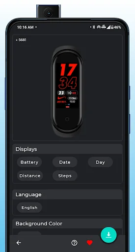 Watch face detail view with red-themed preview, Display options for Battery Date Day Distance Steps, English language, customizable background color