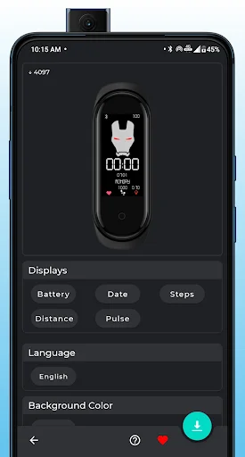 Minimalist watch face preview with display configuration options including Battery Date Steps Distance Pulse toggles and language settings