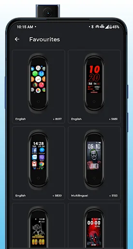 Favourites section displaying grid of saved watch face designs for Mi Band 4 with language labels and engagement metrics