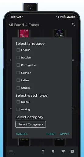 Filter settings dialog with checkboxes for language selection Russian Portuguese Spanish Italian, watch type Digital Analog, and category dropdown