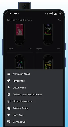 App navigation menu with All watch faces Favourites Downloads Delete downloaded faces Video Instruction Privacy Policy Rate App Contact Us options