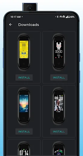 Downloads section showing available watch face designs in grid layout with Install buttons for each customizable Mi Band 4 watch face