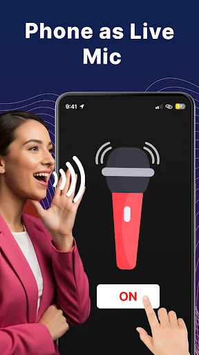 Live Mic Voice Amplifier main interface showing red microphone icon with sound waves and ON button to activate phone as speaker amplifier