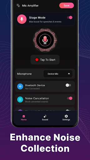 Mic Amplifier settings screen with Stage Mode toggle, microphone selection, Bluetooth device connection, and noise cancellation controls