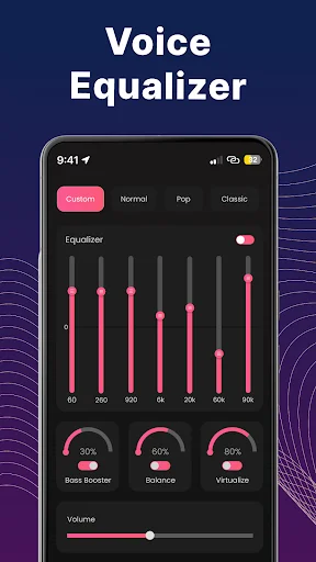 Voice Equalizer interface with frequency sliders, Bass Booster, Balance, and Vitulado controls plus volume adjustment for audio customization