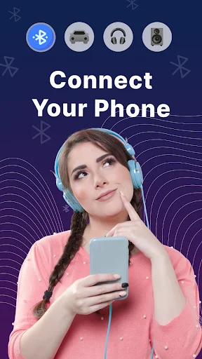Bluetooth connectivity options showing icons for radio, car, headphones, and microphone devices to connect with phone amplifier
