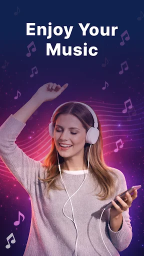 Music enjoyment interface displaying woman with headphones surrounded by music note graphics for audio playback experience