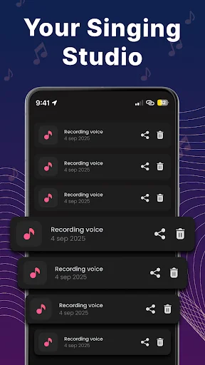 Voice Recording Studio interface showing list of saved voice recordings from September 2025 with share and delete options for each recording