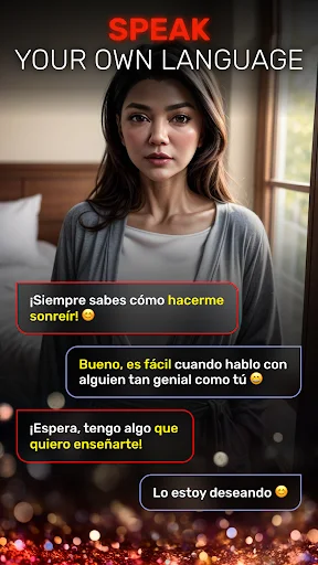 Mila multilingual chat app displaying Spanish conversation with virtual character for language practice and dating sim