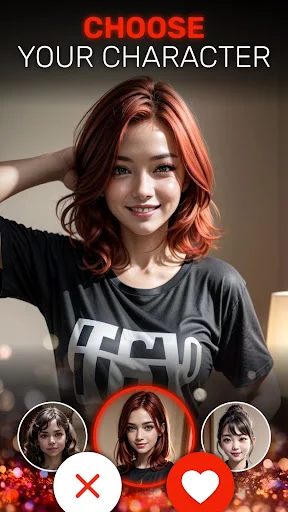 Mila AI roleplay game character selection screen with swipe dating interface and multiple AI companion options