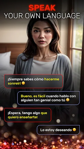 Mila AI companion multilingual chat feature showing Spanish language conversation with virtual character
