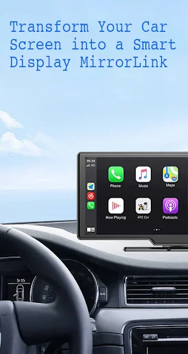 Car dashboard display showing MirrorLink interface with mirrored Phone, Maps, Music, and Podcasts app icons