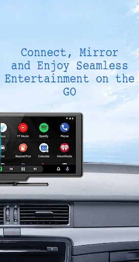 Vehicle infotainment screen displaying MirrorLink mirroring apps like YouTube, Spotify, and Maps for on-the-go entertainment