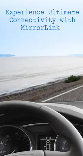 Driver steering wheel view on open road illustrating seamless MirrorLink phone-to-car connectivity experience