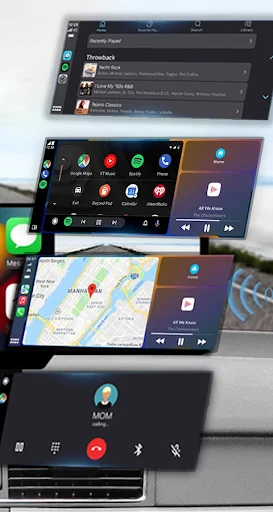 MirrorLink interface showing app drawer, maps navigation, music playback, and phone connectivity control options