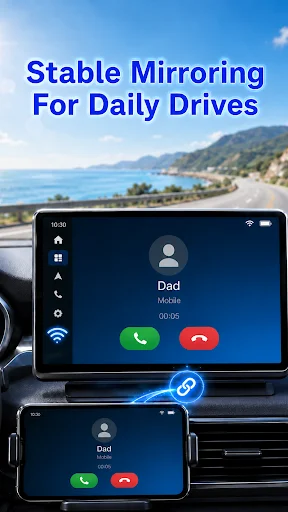 Stable call interface shown on both car dashboard and smartphone displaying incoming call from Dad contact for daily drive reliability