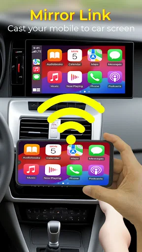 Mirror Link app wirelessly casting phone screen to car display, showing app icons mirrored from mobile to dashboard