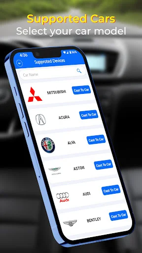 Mirror Link supported car models selection screen showing Mitsubishi, Acura, Alfa Romeo and other compatible brands