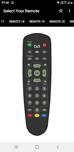 DD FreeDish remote control interface showing Remote 18-20 selector with rounded black remote featuring navigation buttons, numeric keypad, and red, green, yellow, blue color buttons for digital TV control