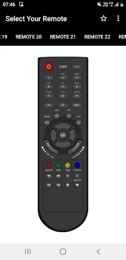 DD FreeDish Remote 20-23 variant displaying rectangular remote with numeric keypad, navigation controls, large central dial, and colored buttons for DD Free Dish television remote operation