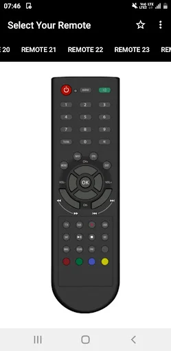 DD FreeDish Remote 21-24 control panel showing compact rectangular remote with numeric buttons, directional navigation, OK center button, and red, green, yellow, blue function buttons